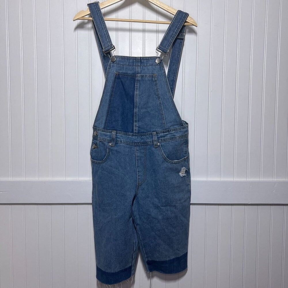 Boohoo Overalls Blue Y2K Denim Street Bib Women's Distressed Jean Shorts Romper
